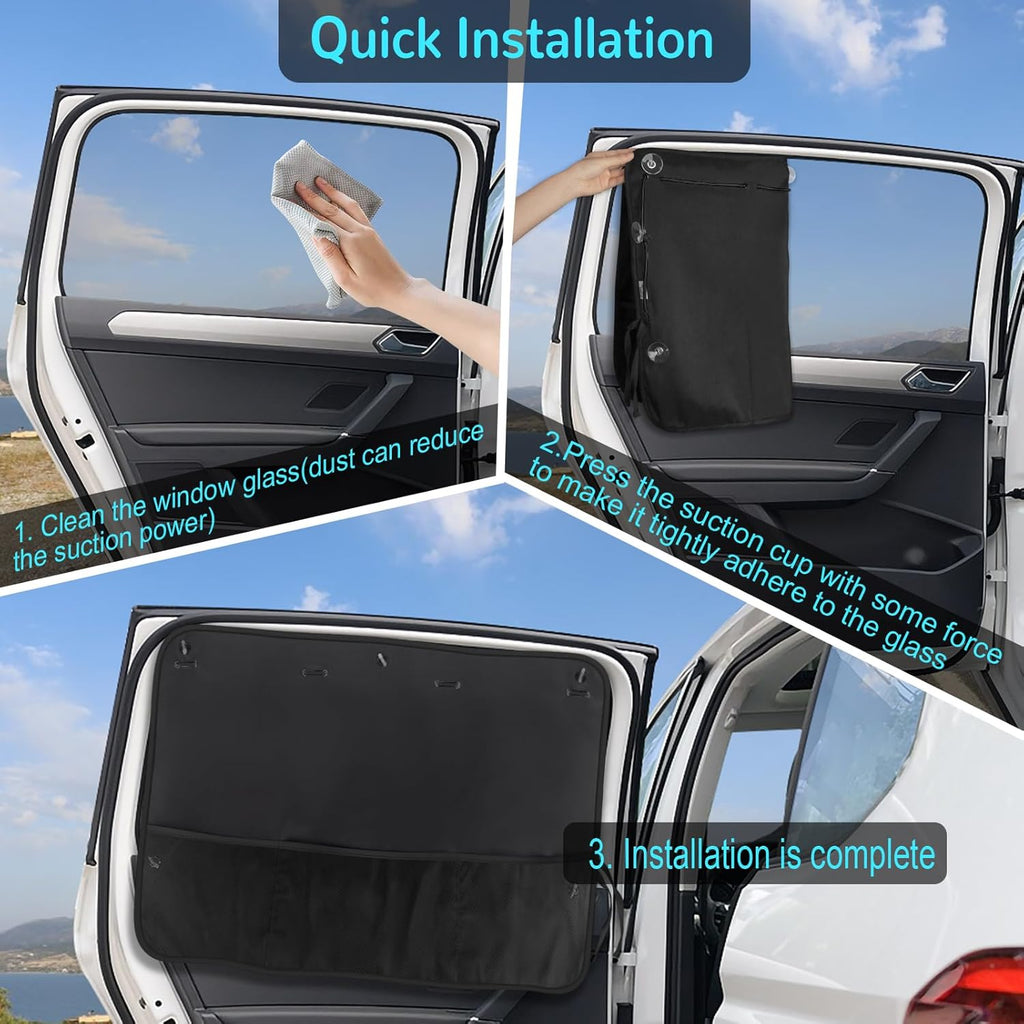 2 Pcs Car Sun Shade Side Window, Blackout Car Window Shade Privacy with Storage Net Pockets Auto Curtains for Heat/UV Protection Sun Block Covers (Black-2pcs)