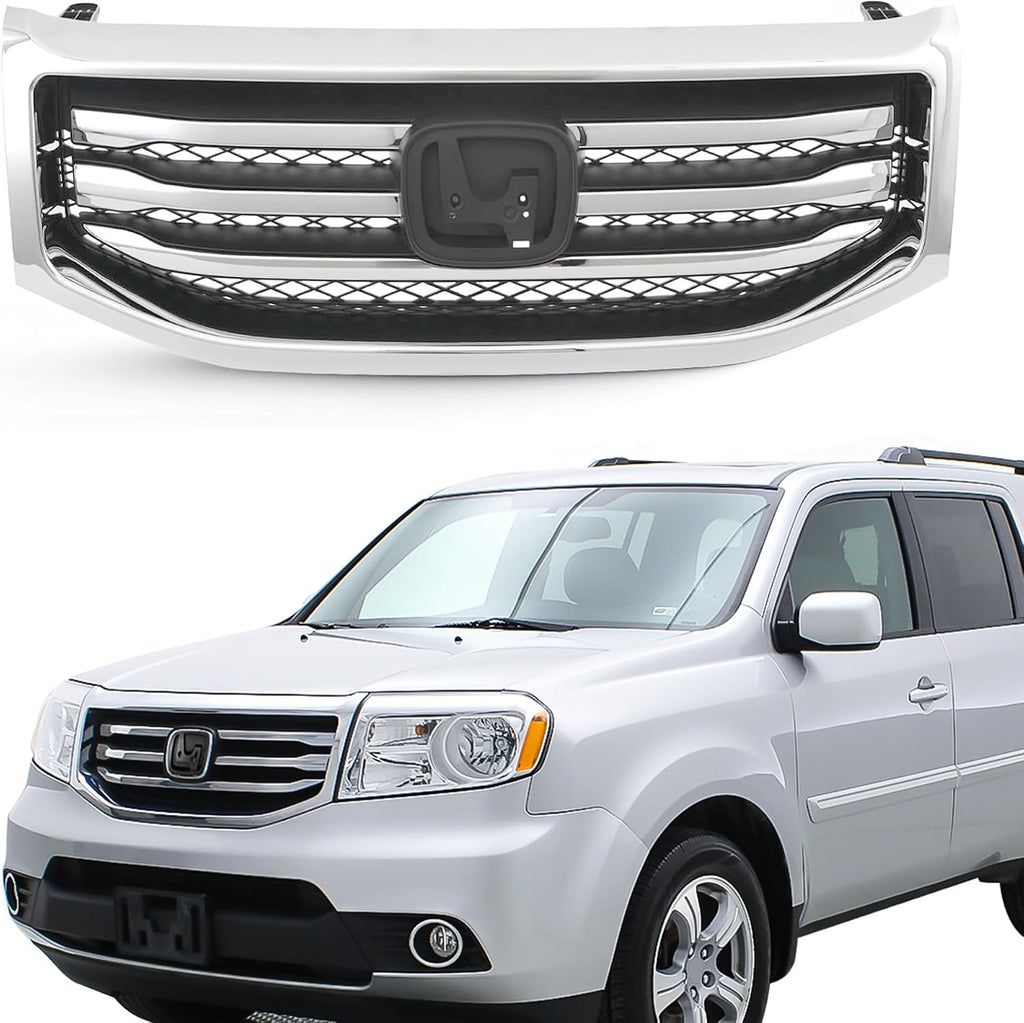 Partsflow Front Bumper Grill Upper Grille Assembly Chrome Trim Silvery And Black Compatible With 2012-2015 Honda Pilot HO1202108 75107SZAA11