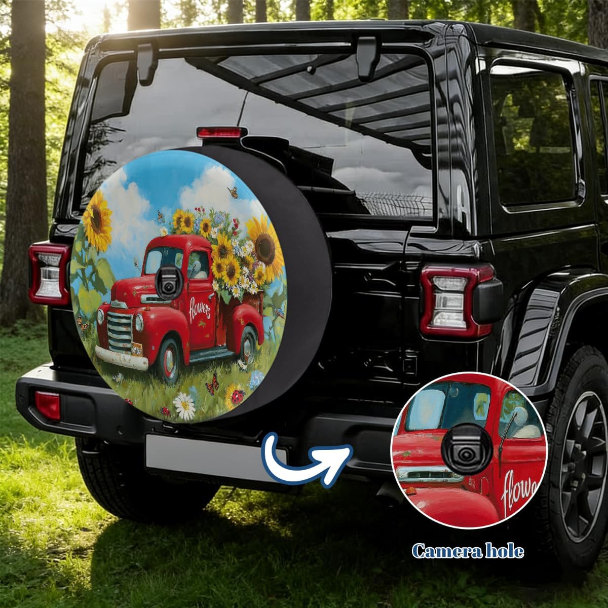 Spare Tire Cover with Backup Camera Hole Fit for Jeep RV Camper Travel Trailer SUV Truck 17inch,Waterproof Weatherproof Universal Car Wheel Protectors,Farm Floral Red Truck