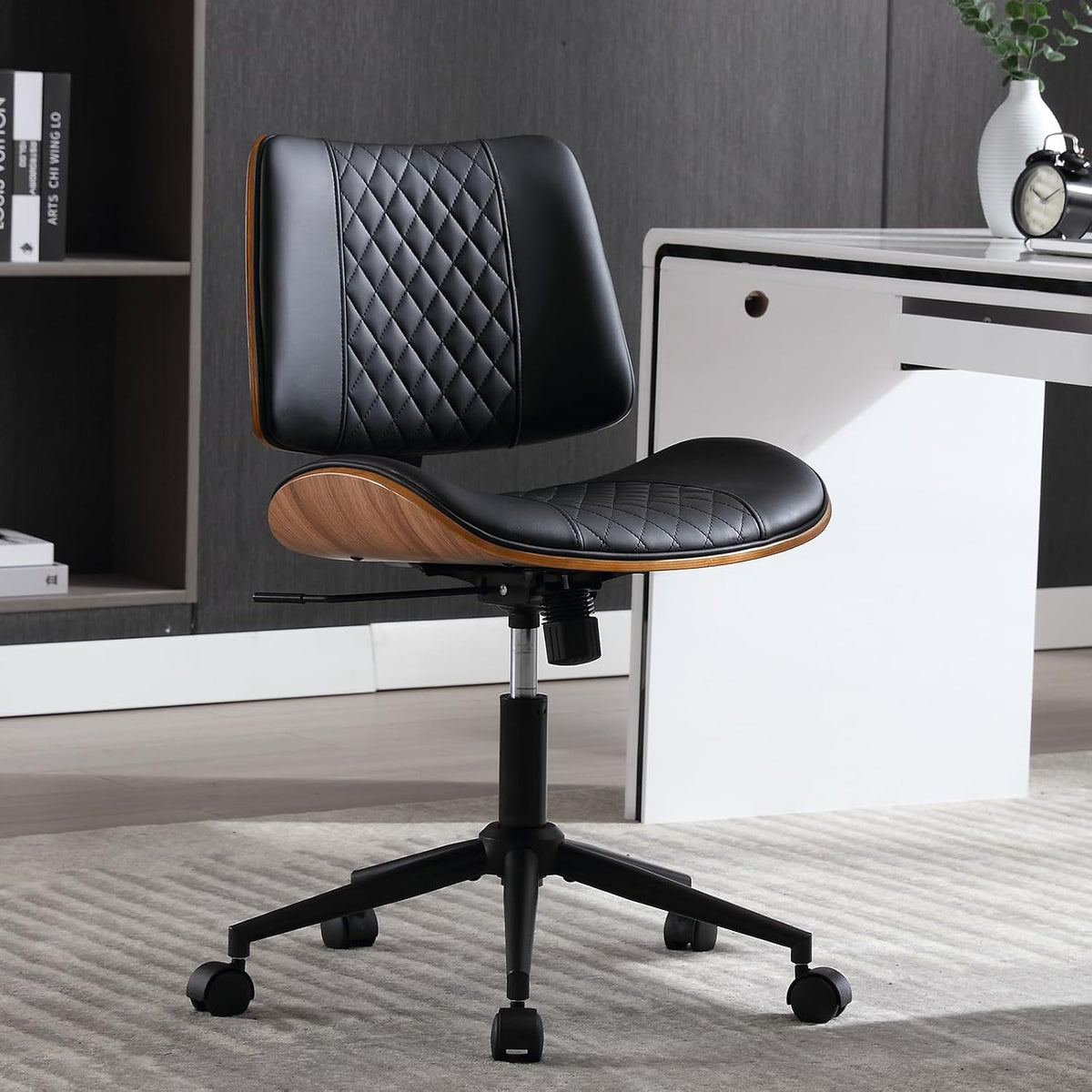 Home Office Chair No Arms with Wheels, Adjustable Height Small Desk Chair