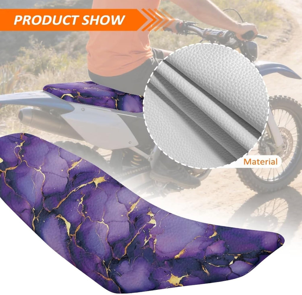 Dirt Bike Seat Cover 1 Piece Leather Motorcycle Seat Cover Anti-Scratch Easy to Clean for E Dirt Pit Bike Ebike Motocross Motorcycle Enduro, Purple Gold Marble