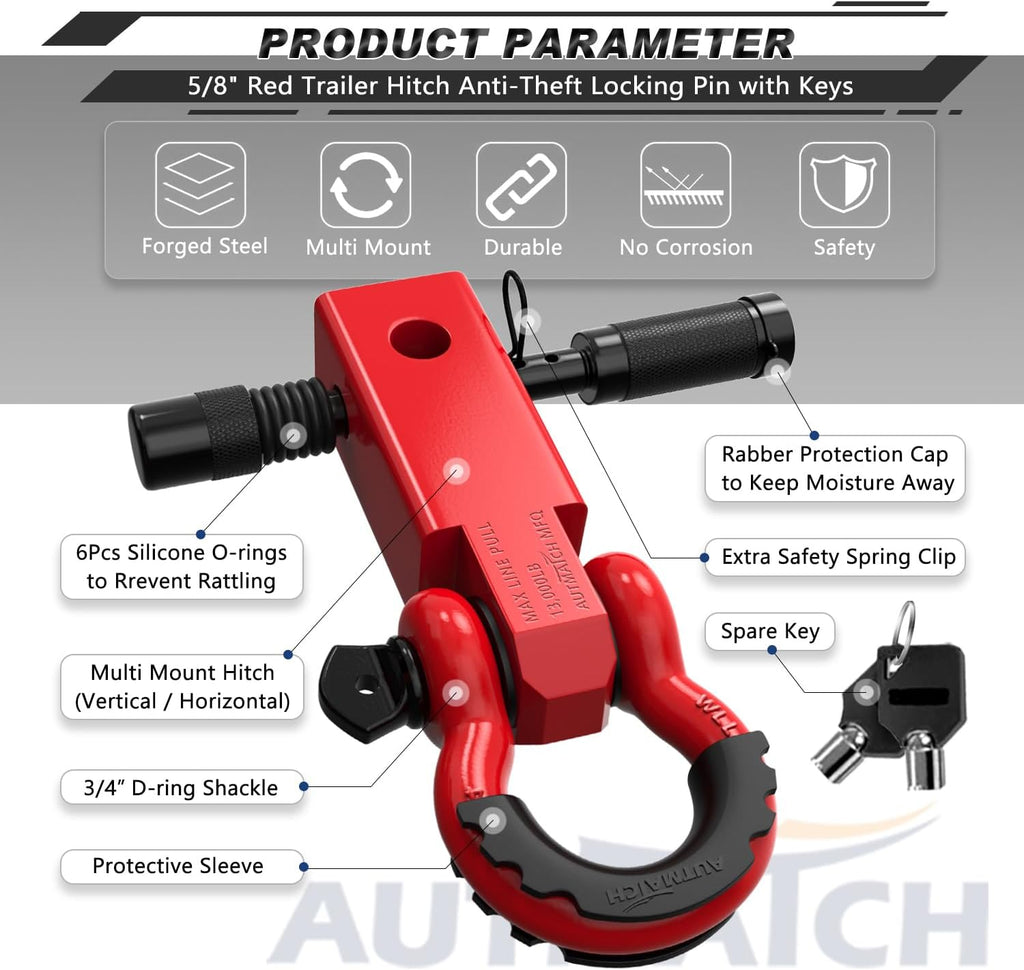 AUTMATCH Shackle Hitch Receiver 2 Inch - 3/4" D Ring Shackle and 5/8" Trailer Hitch Lock Pin, 45,000 Lbs Break Strength Heavy Duty Receiver Towing Kit for Off-Road Vehicle Recovery, Red