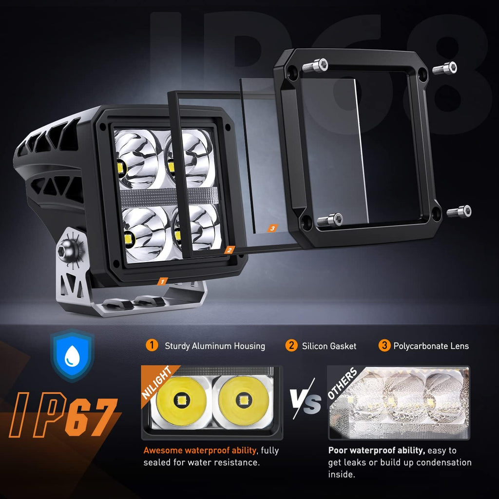 Nilight 3.2 Inch Square LED Pod Lights with DRL 20W 2510LM 10 Degree Super Spot Beam 16AWG Wiring Harness Kit for Auxiliary Offroad Driving Ditch Lamps for Truck UTV ATV SUV 4x4