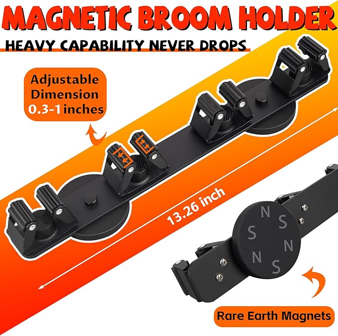 Magnetic Broom Holder Rack, Strong Magnetic Mount Mop Holder 4 Racks - Image 2