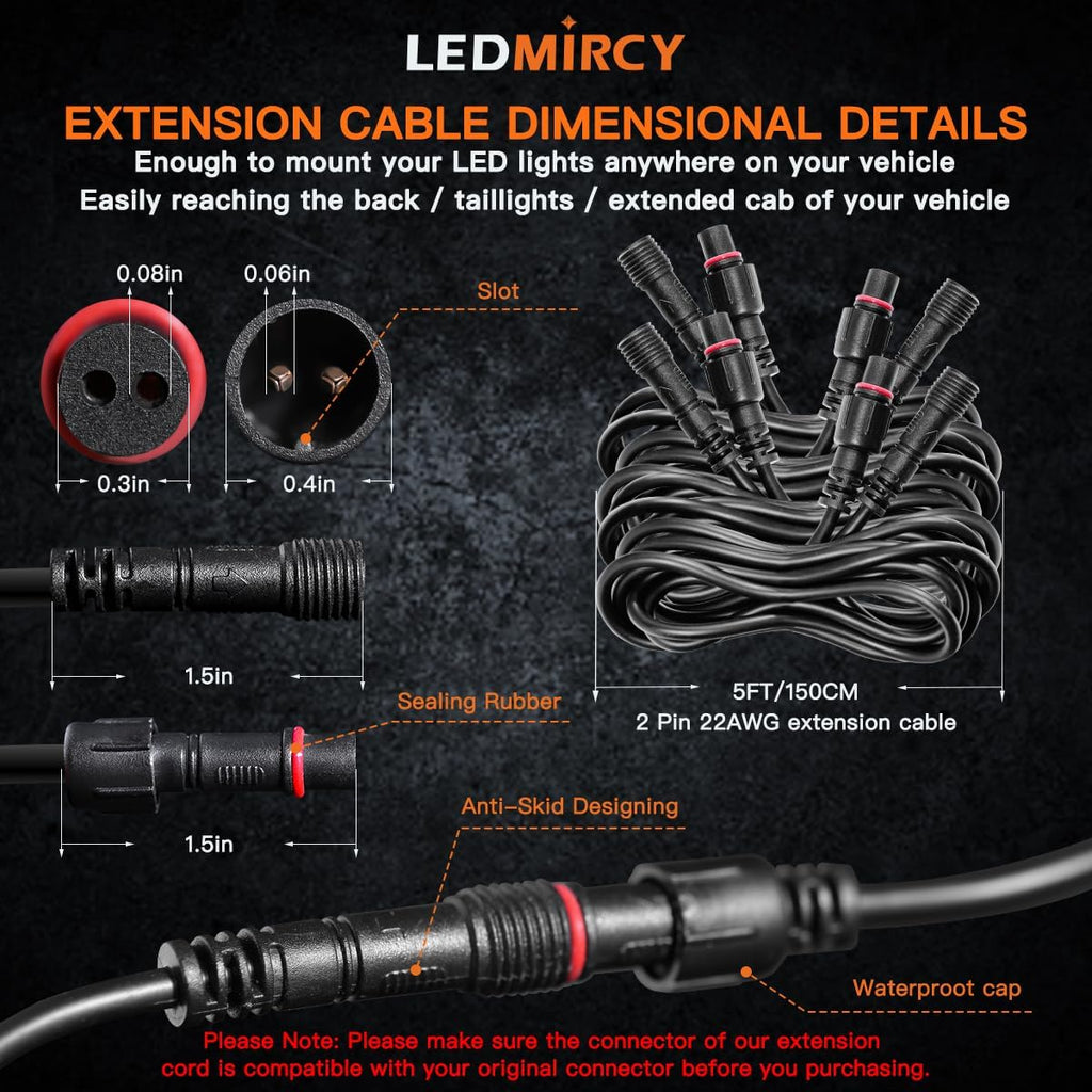 LEDMIRCY LED Rock Lights Extension Cable 2 Pins Wire Connectors 6PCS 5ft 22AWG Female Male Waterproof Extension Cable 11mm Nut Small Size for LED Strip Light Driving Fog Lights(Only for Single Color)