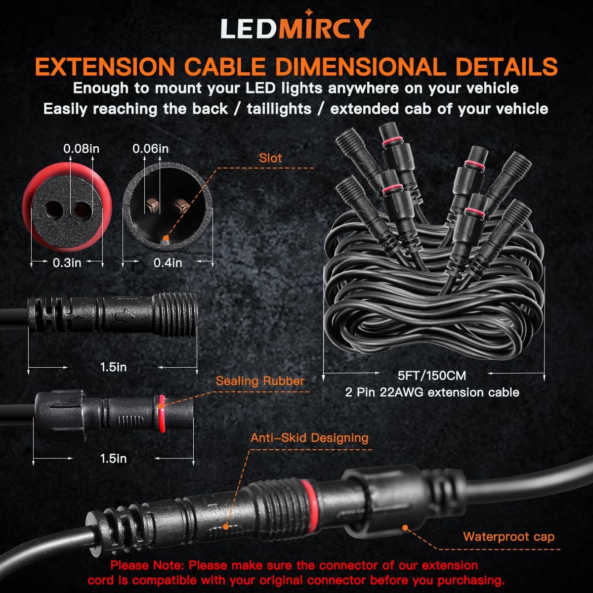 LEDMIRCY LED Rock Lights Extension Cable 2 Pins Wire Connectors 6PCS 5ft 22AWG Female Male Waterproof Extension Cable 11mm Nut Small Size for LED Strip Light Driving Fog Lights(Only for Single Color)