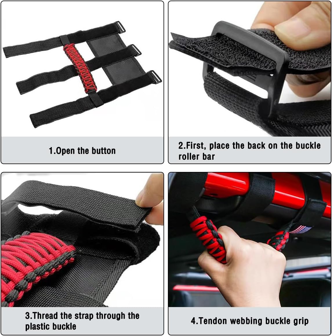 HZEL 2PCS Roll Bar Grab Handles, Oxford Cloth Upgrade Metal Buckle Paracord Grip Handles, Durable and Strong Car Accessories, Compatible with Wrangler JL, JLU, JT, JK, JKU, TJ, LJ and YJ (Black)