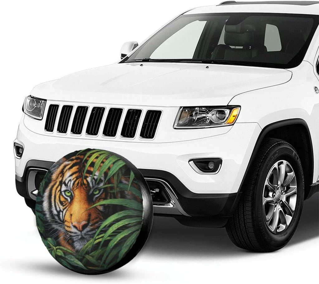 Jungle Tiger Oil Painting Spare Tire Cover, Funny Animal Waterproof Wheel Protector Covers Universal for Rv Suvs Trucks Camper Travel Trailers, 15 inch