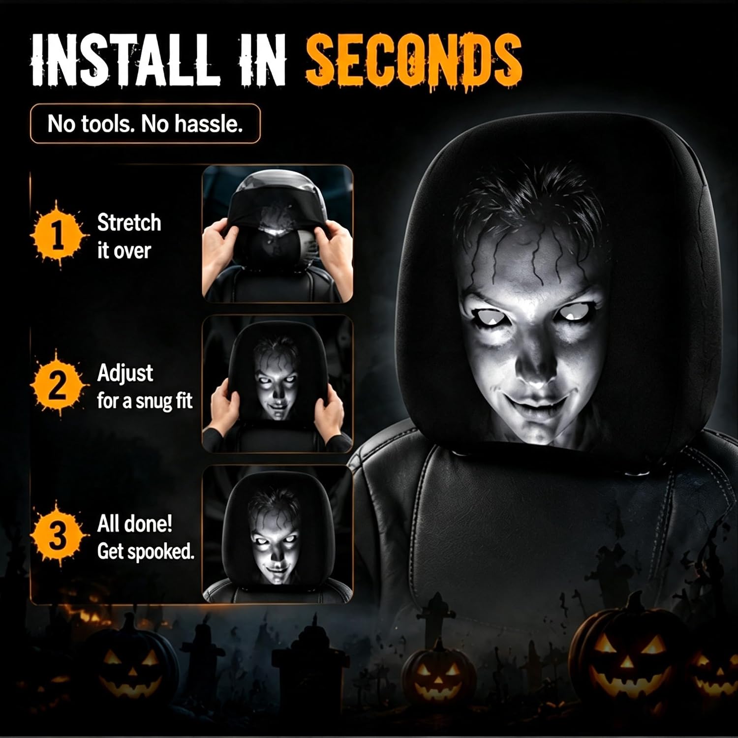 4 Pcs Ghost face Headrest Covers for Cars, Universal Spooky Halloween Auto Interior Decor, Funny Cartoon Creepy Car Head Rest Protector Case for Vehicle Truck SUV (Set A)