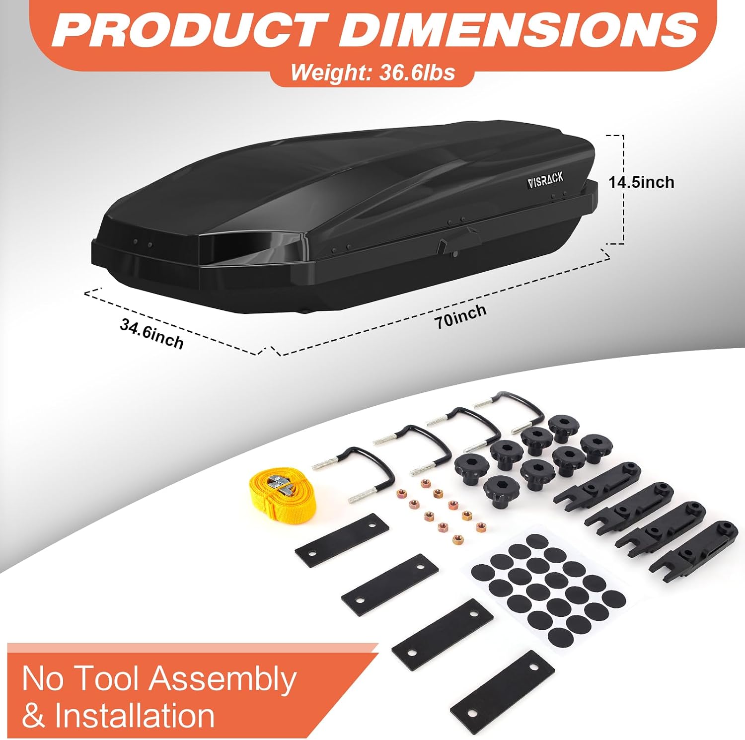 Rooftop Cargo Box,Rooftop Cargo Carrier Hard Shell with Security Keys, Waterproof Heavy Duty Roof Cargo Box, 70.08x34.57x14.53 Inches 21 Cubic Feet (Tool-Free Install) Black (B70)