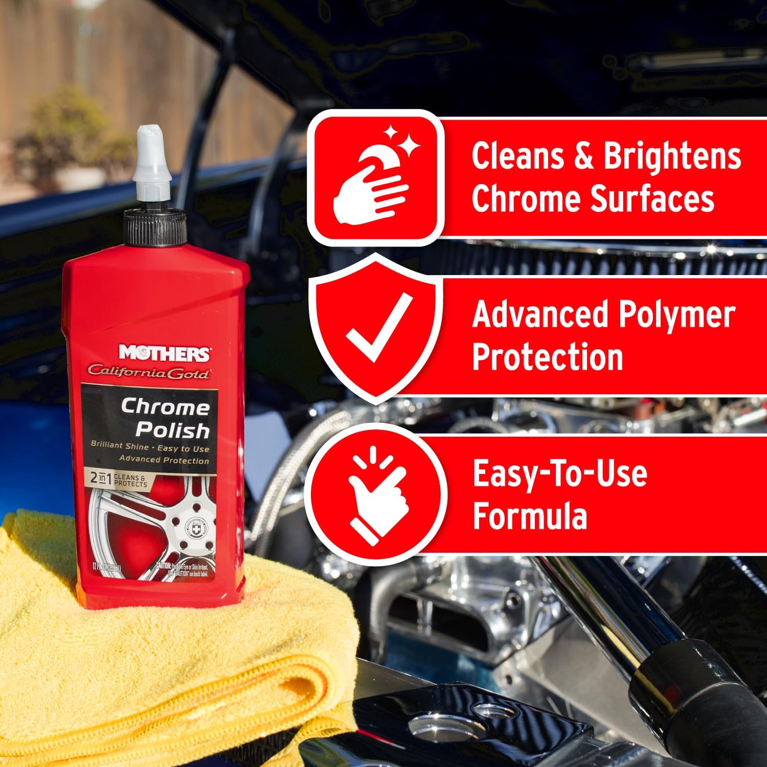 Mothers California Gold Chrome Polish, 12 oz. — Cleans & Brightens Chrome Bumpers, Wheels, Trim & Accessories, Protects Against Fingerprints, Rust & Corrosion, Safe on Glass & Mirrors (05212)