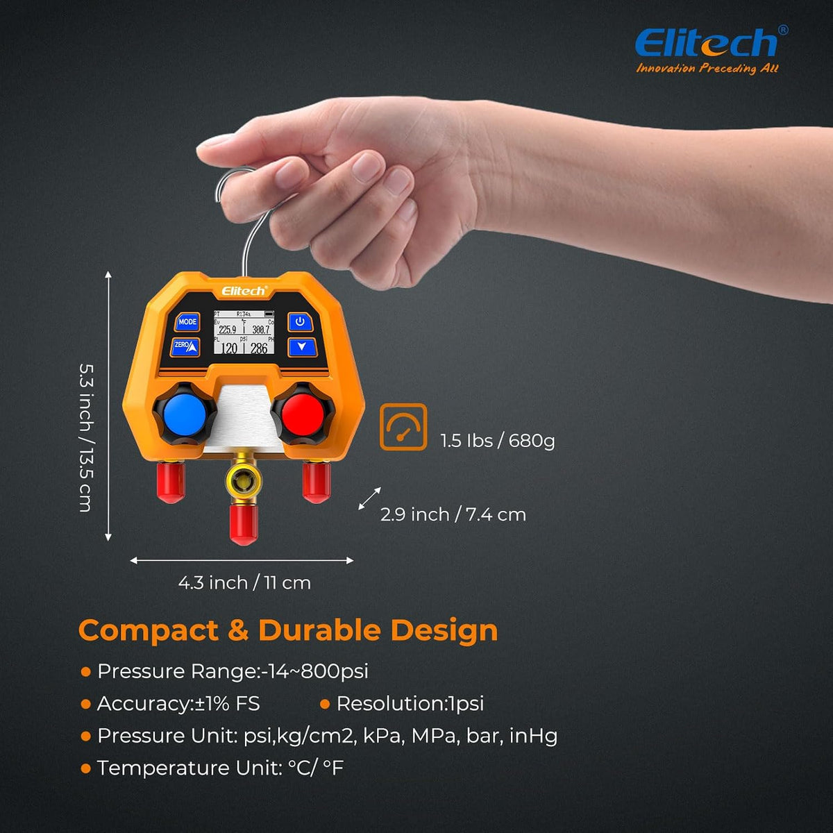 elitech hvac digital manifold gauge set dmg-2se with on a desk or shelf