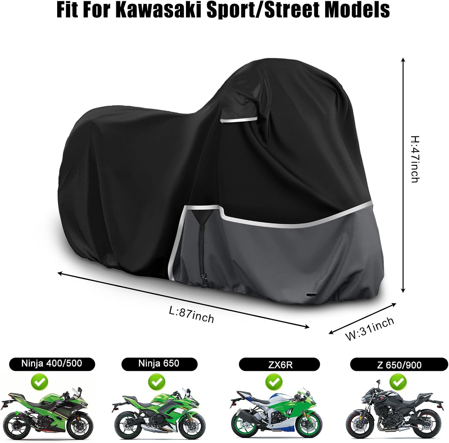 Waterproof Motorcycle Cover Replace for Kawasaki Ninja 400 500 650 Z900 Zx6r Street Without Trunk Model, 420D Oxford Cloth Motorcycle Cover for Snow Rain Dust Protection