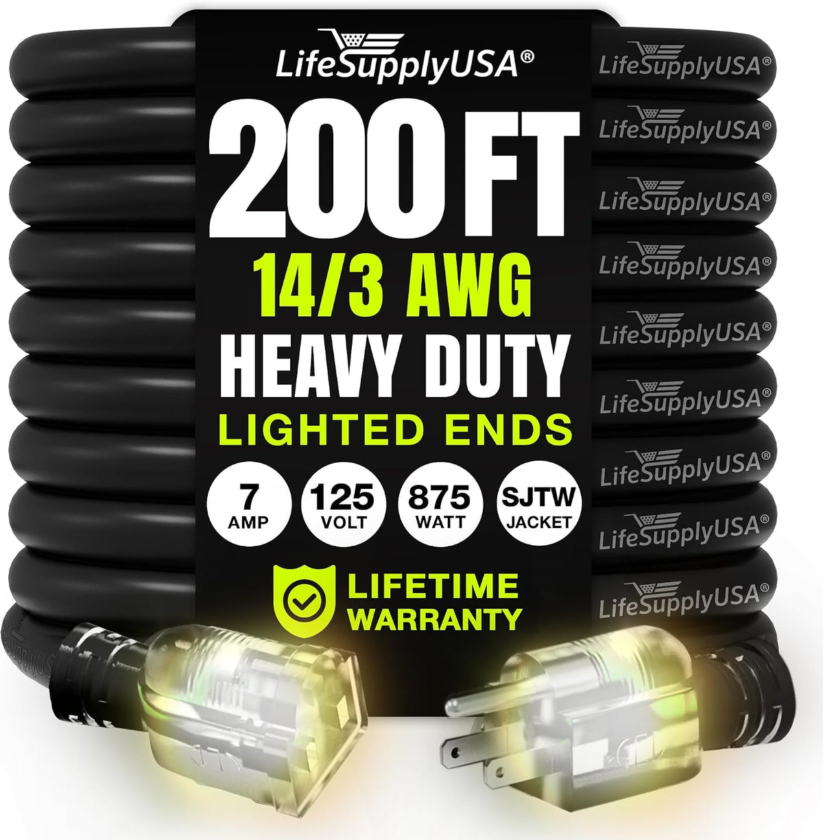 200ft Outdoor/Indoor Extension Cord 14/3 Gauge Heavy Duty 3 Prong SJTW