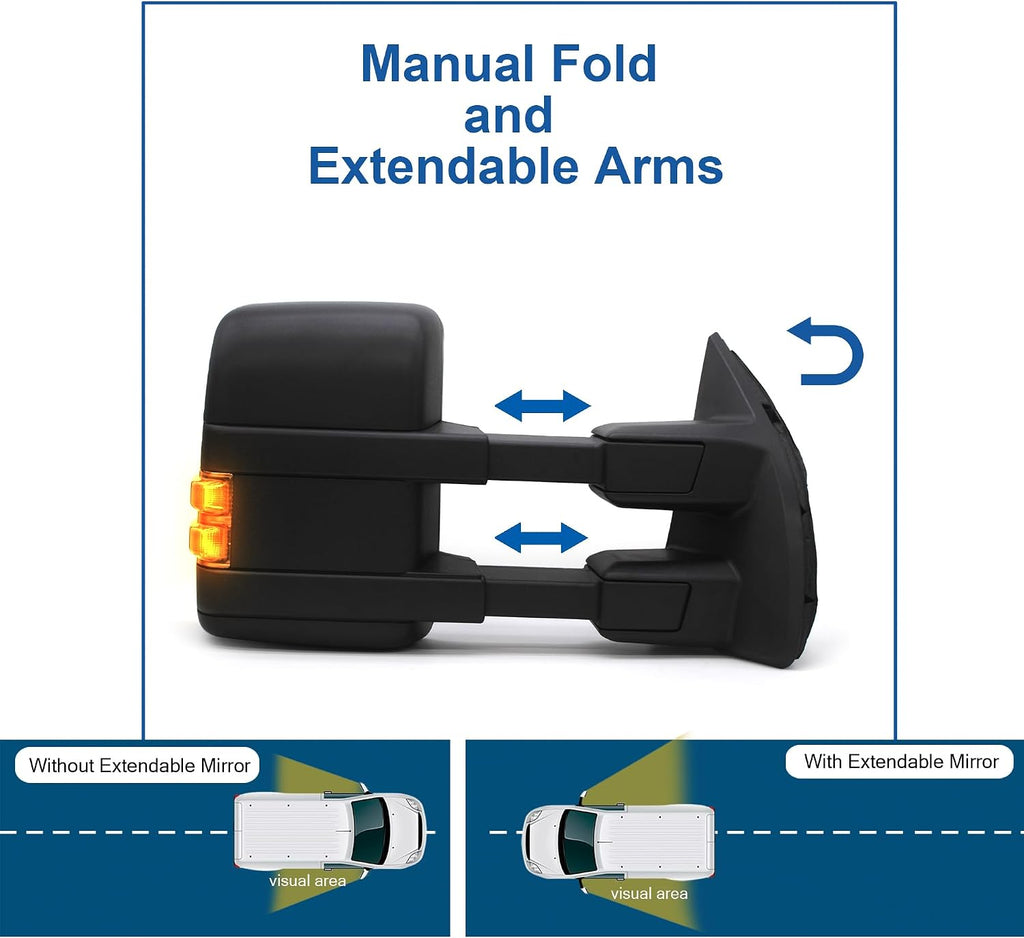 Driver Left Side Towing Mirror fit for 2008-2016 Ford F250 F350 F450 F550 | Super Duty Power Heated Amber Turn Signal Light Puddle Light Auxiliary Lamp Black Cap
