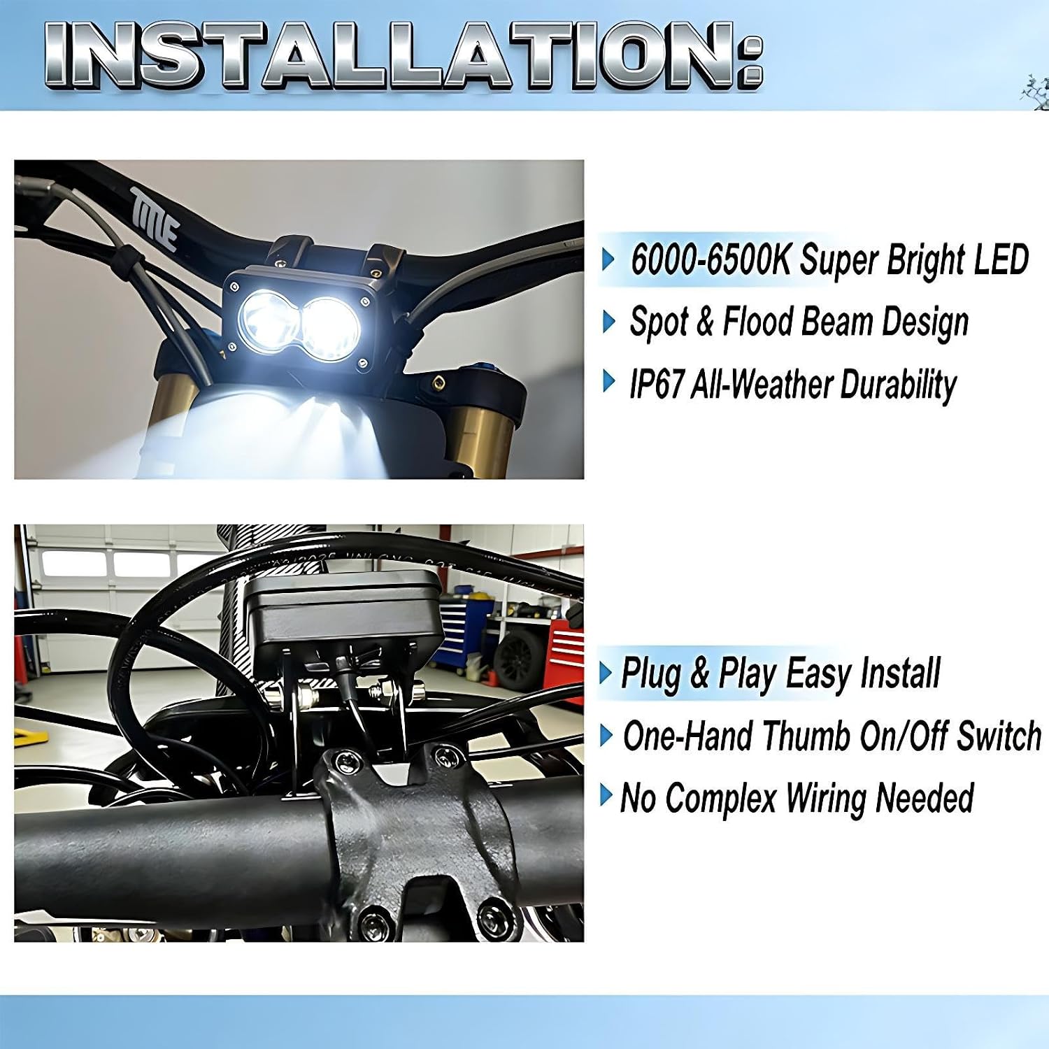 Headlight Kit 6000-6500K Crystal White LED Light Bar with Switch for Sur-Ron eRide Pro S, SS, X260, Light Bee X, Ultra Bee & Segway X260 - Dirt Bike Baja Spot Flood Combo, Plug & Play