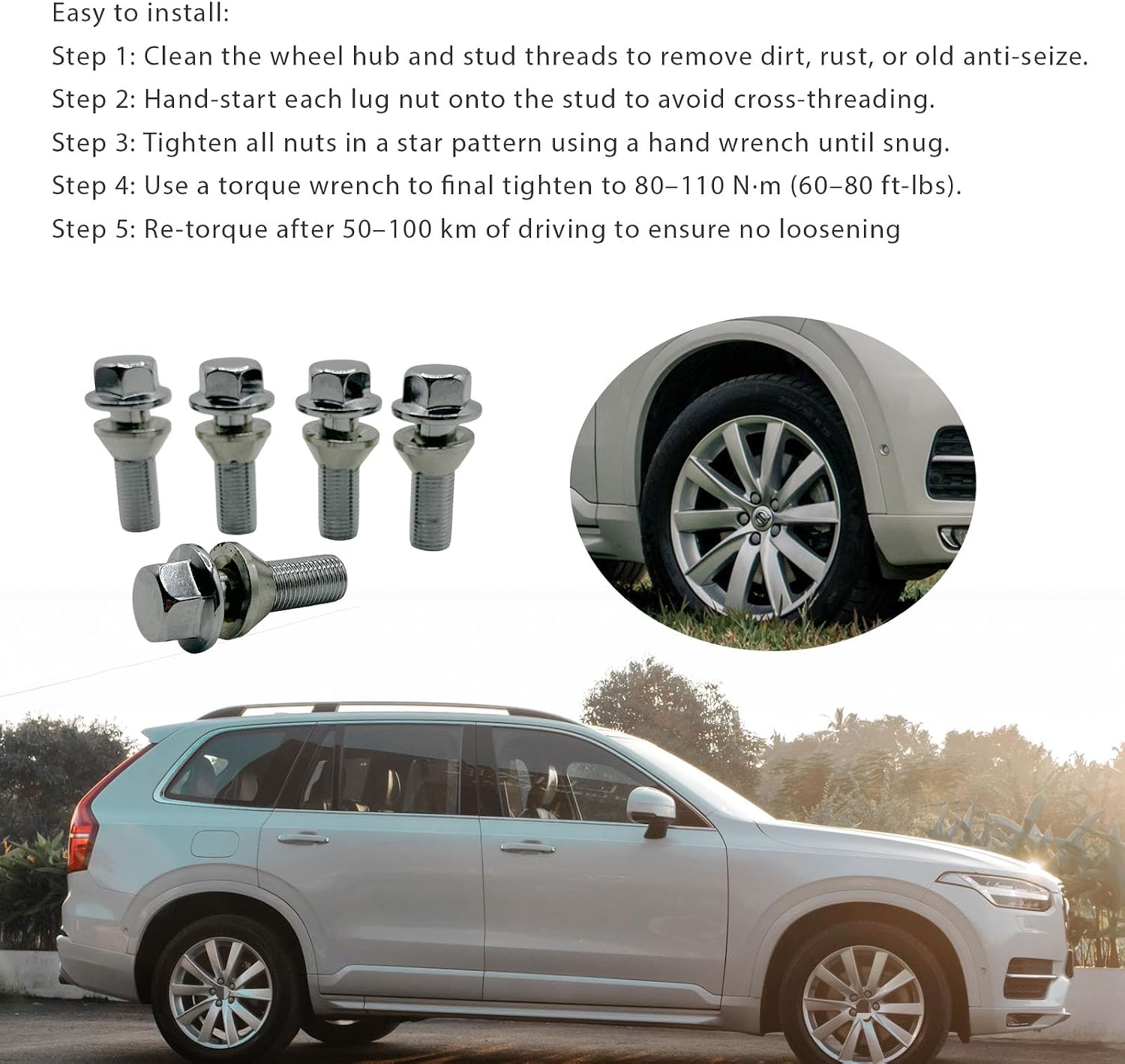 5Pcs M14x1.5 Wheel Lug Stud Bolts for Volvo XC60 V60 S80 31423735 | for Volvo XC70 S90 XC90 S60 XC40, Front Rear, Replace Wheel Tire Screws Steel Lug Nuts Hub