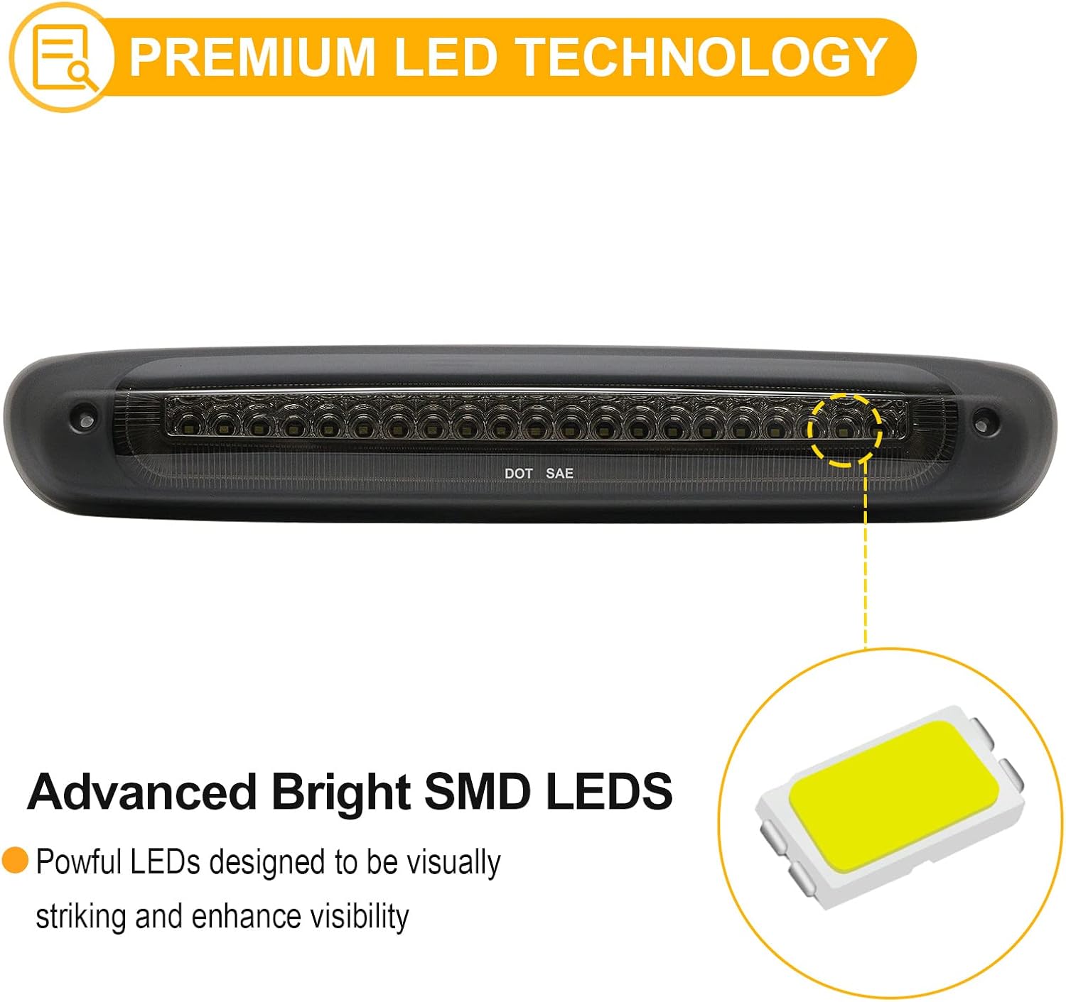 R&F Auto LED Third Brake Light Compatible with 2007-2013 Silverado/Sierra 1500 2500HD 3500HD Roof Cargo Lights Pickup Truck F1 Style Strobe High Mount Stop Lamp, Smoked Lens Replace OEM# 25890530
