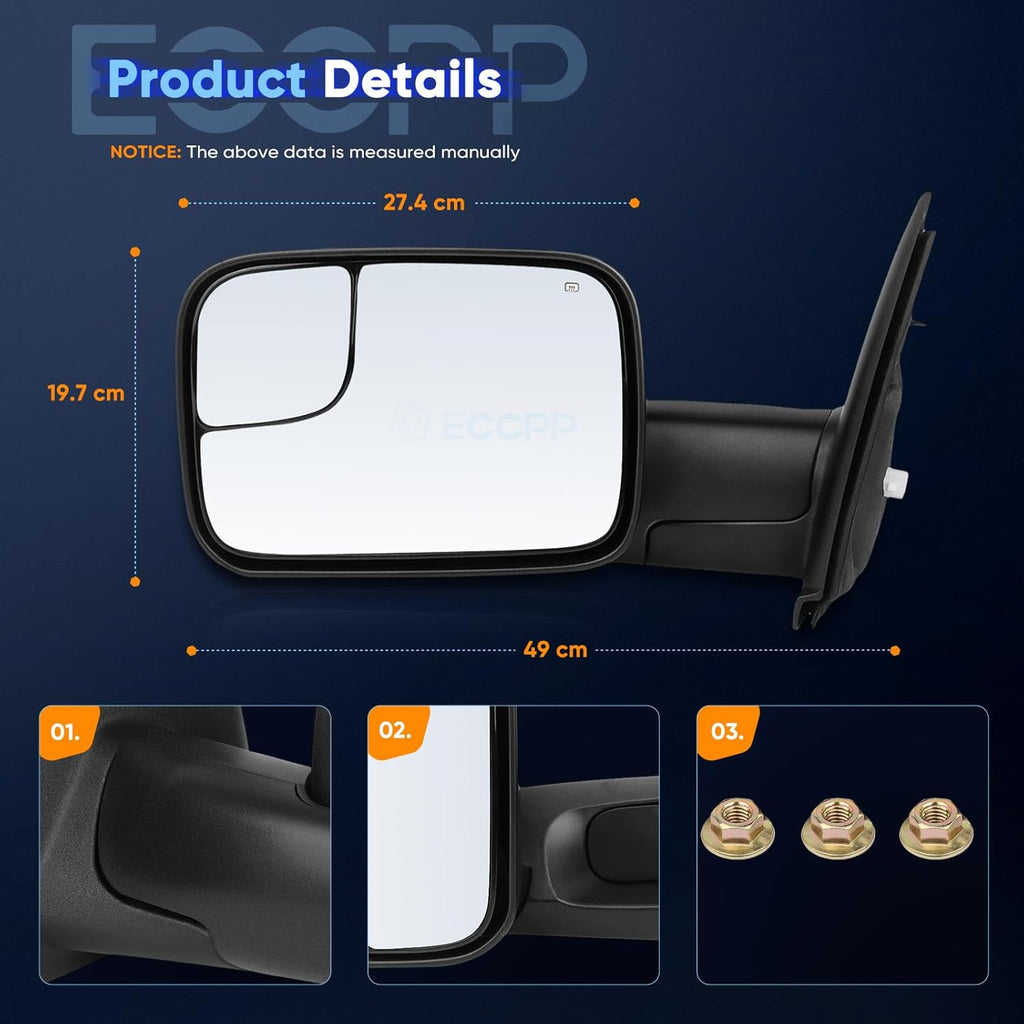 ECCPP Towing Mirrors Fit 02-08 For Dodge For Ram 1500 03-09 For Dodge For Ram 2500 3500 Pickup Truck Power Heated Tow Folding Side View Black Mirror Pair Set Right Passenger And Left Driver Side