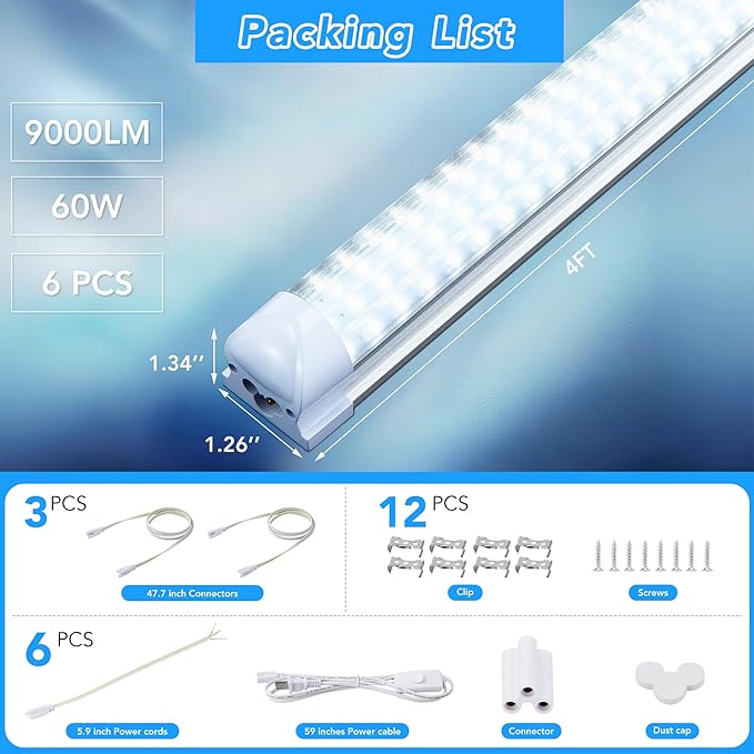 T8 LED Shop Lights 4FT Garage Light, 6 Pack 60W 9600LM 6000K Daylight Work - Image 5