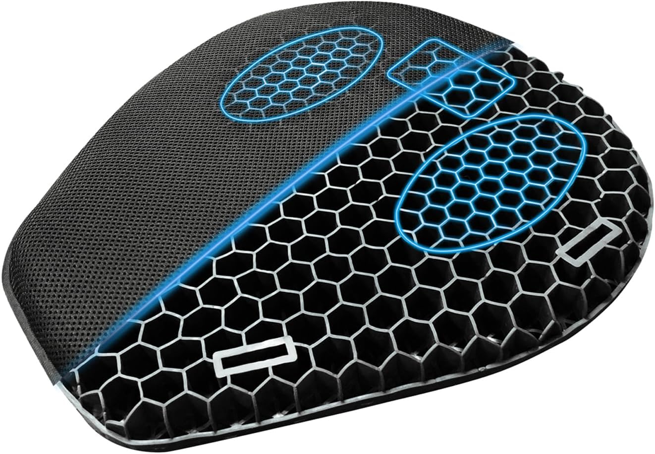 Motorcycle Seat Cushion, 3D Honeycomb Gel Pad, Pressure Relief Shock Absorption, Breathable Non-Slip Universal Cover for Long Ride, Fits Cruiser Street Touring Bike (Four Seasons)