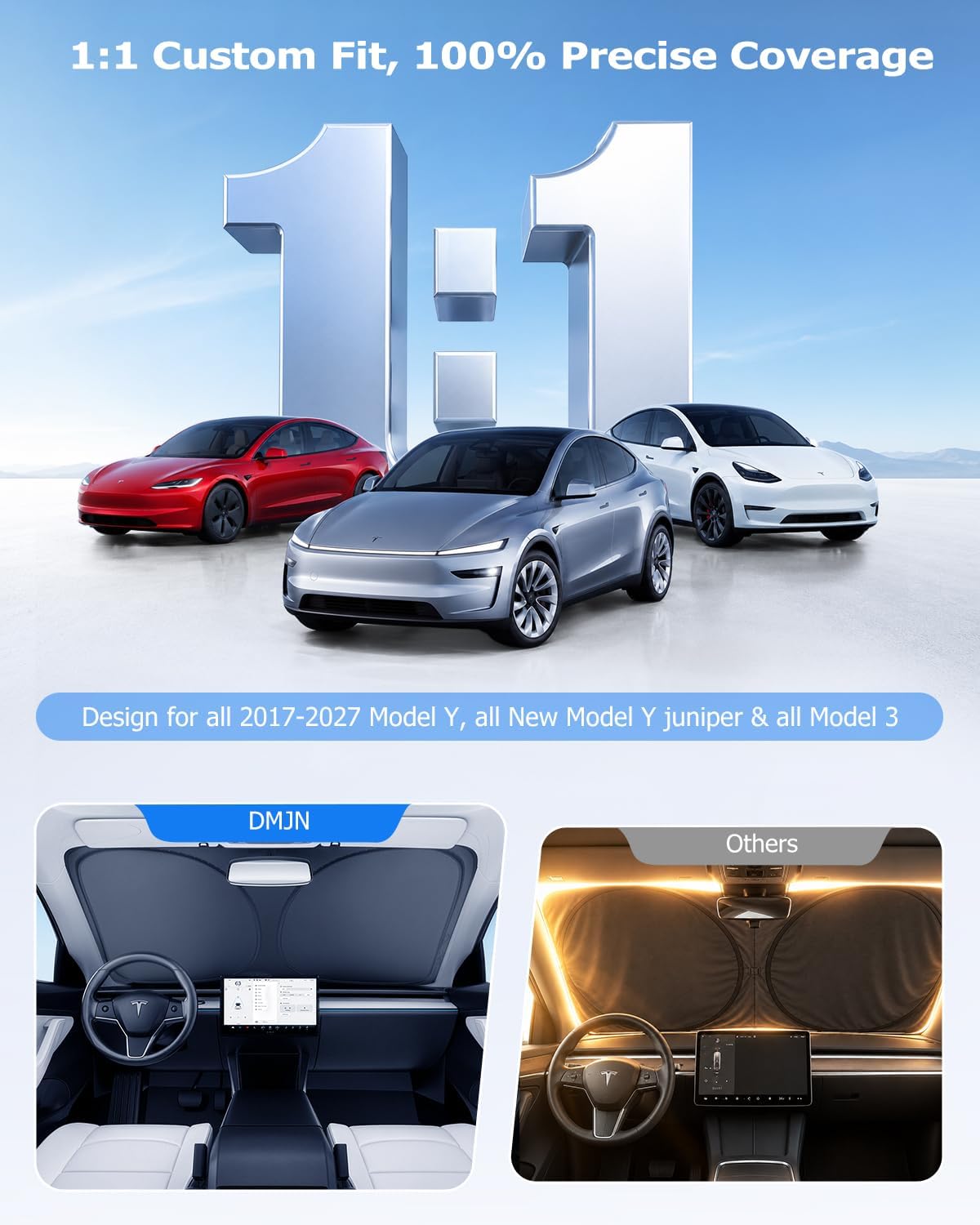 DMJN Front Windshield Sun Shade for Tesla New Model Y, Y & 3 (2017-2026), [Nano Ice-Crystal Coatings] UPF50+ Heat & UV Block, Protect Car Interior & Keep Cool, Flodable Steel-Ring Car Cover for Summer