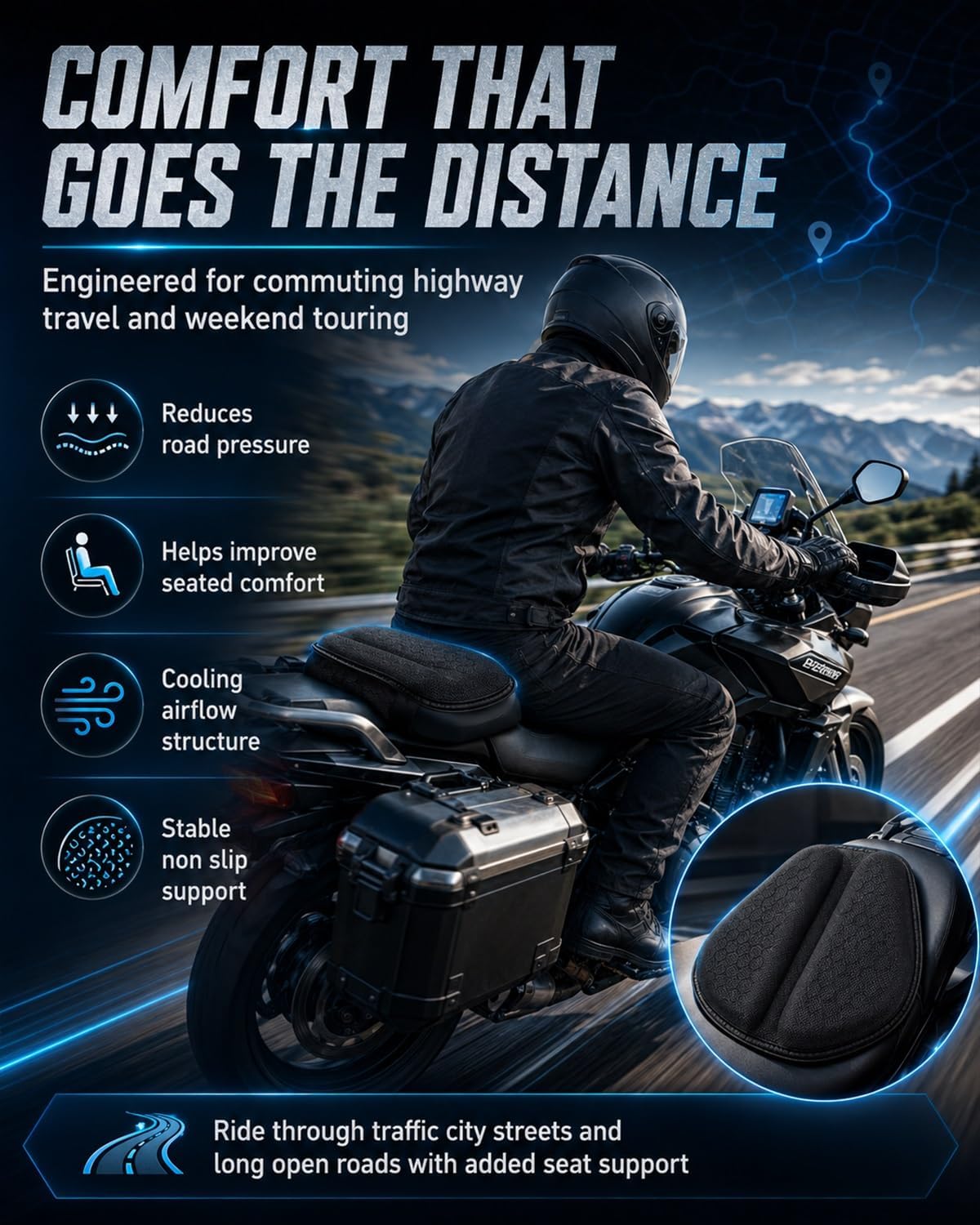 Motorcycle Seat Cushion Gel Pad Passenger Breathable Shock Absorption Waterproof 3D Honeycomb Rider Universal Long Rides Touring Comfort Anti Slip Pressure Relief Soft Durable Cover(Style A)