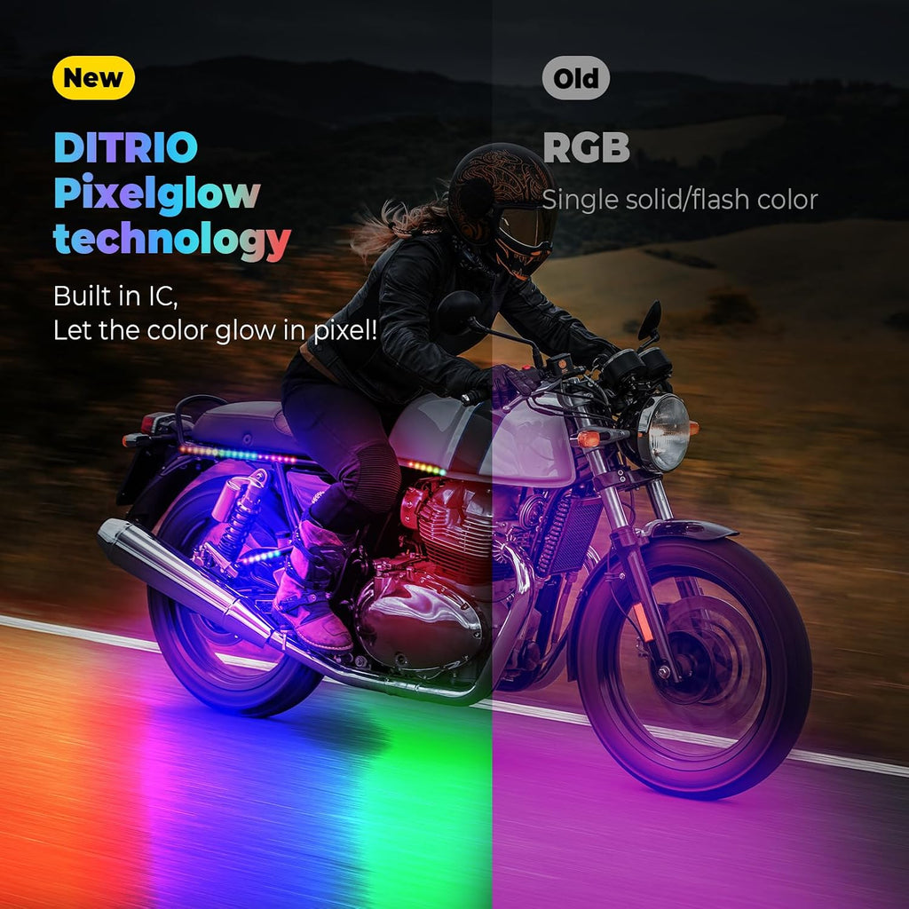18PCS Motorcycle Led Underglow Kit with Brake Turn Signal, Motorcycle RGB Lights with DITRIO APP/RF Remote Control, Dual Zone,12V Waterproof Pixelglow Effects for Motorcycles, Golf Carts,UTVs, Boats