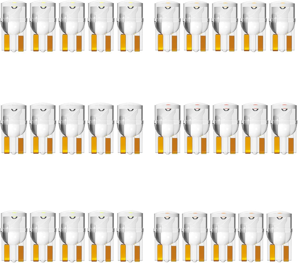 Alopee 30-Pack Acrylic 194 LED Light Bulb, 12V T10 Wedge Base, Multicolor | 168 2825 W5W Replacement Bulbs for Car Gauge Cluster, License Plate, and Marker Lights