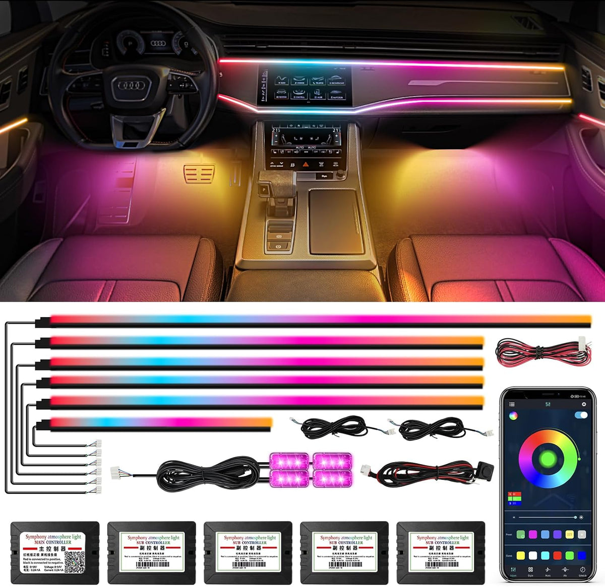 WEBUPAR Dreamcolor Acrylic Interior Car Lights, 10 in 1 LED Strip Lights