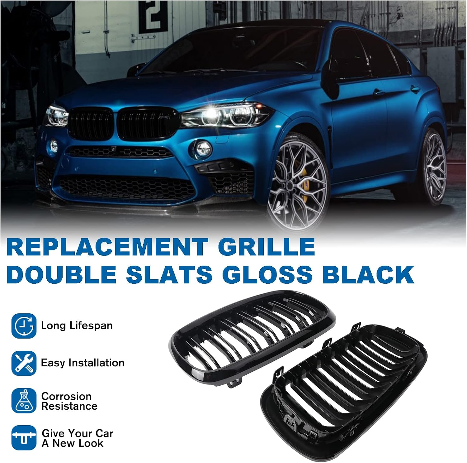 X5 F15 Grille，Gloss Black Kidney Grill Fit 2014-2018 X5 F15 X6 F16 X5M F85 X6M F86 Dual Slat Double Line