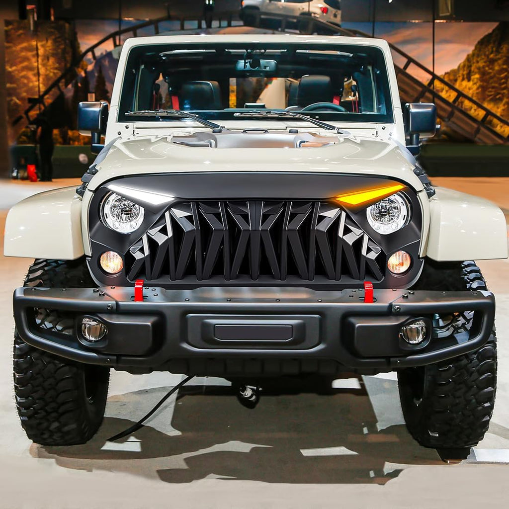 Front Grill Compatible with 2007-2018 Jeep Wrangler JK JKU, Shark Grille w/DRL Turn Signal Lights, Matte Black