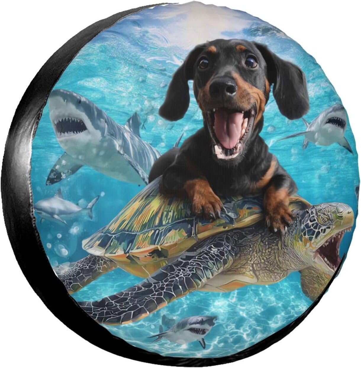 Black Dachshund with Turtle Spare Tire Cover Universal for Rv Suvs Trucks Camper Travel Trailers, Funny Waterproof Polyester Wheel Protector Covers,15 inch