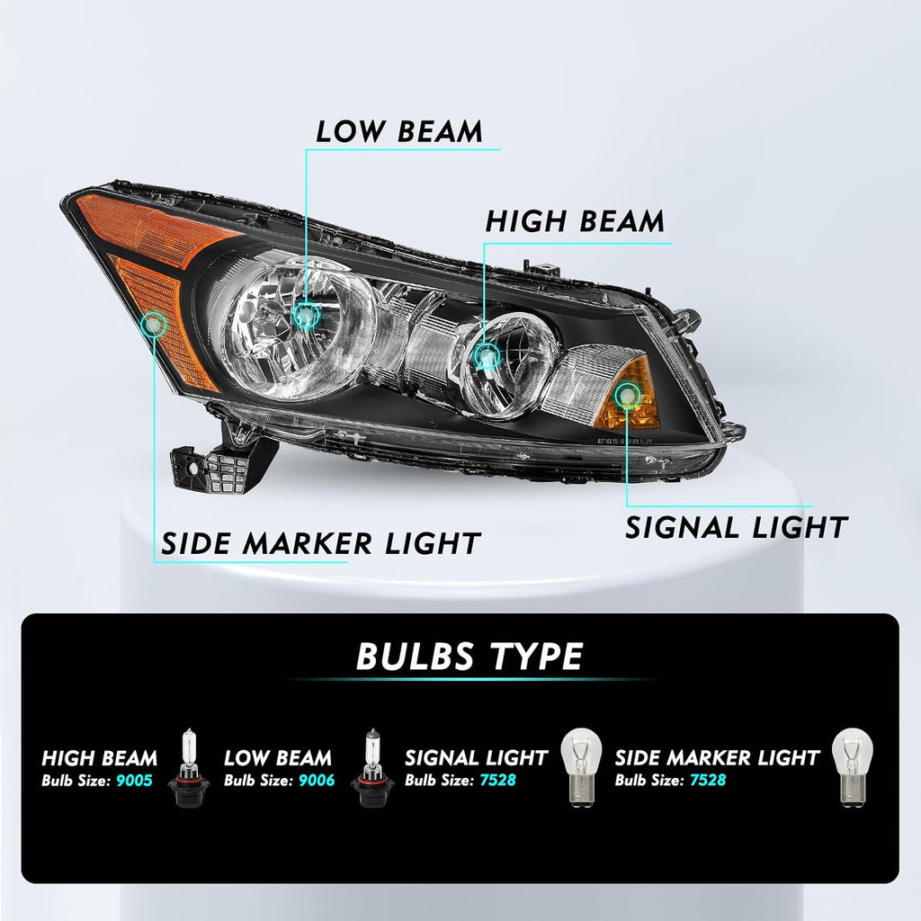 TUSDAR Headlight Assembly for 2008-2012 Honda Accord Sedan 4-Door LX LX-P HFP EX EX-L Factory Style Headlamp Passenger Side Bulbs Included