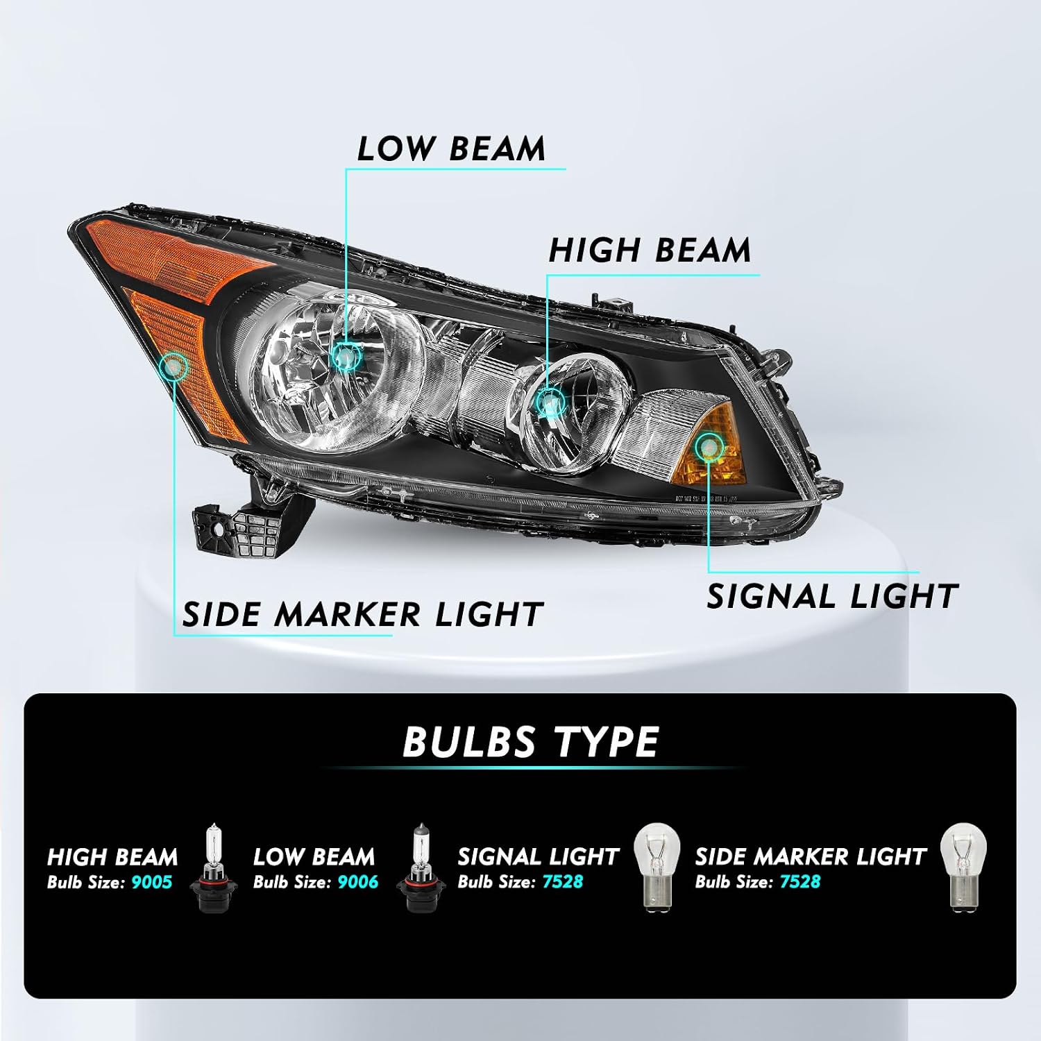 TUSDAR Headlight Assembly for 2008-2012 Honda Accord Sedan 4-Door LX LX-P HFP EX EX-L Factory Style Headlamp Passenger Side Bulbs Included