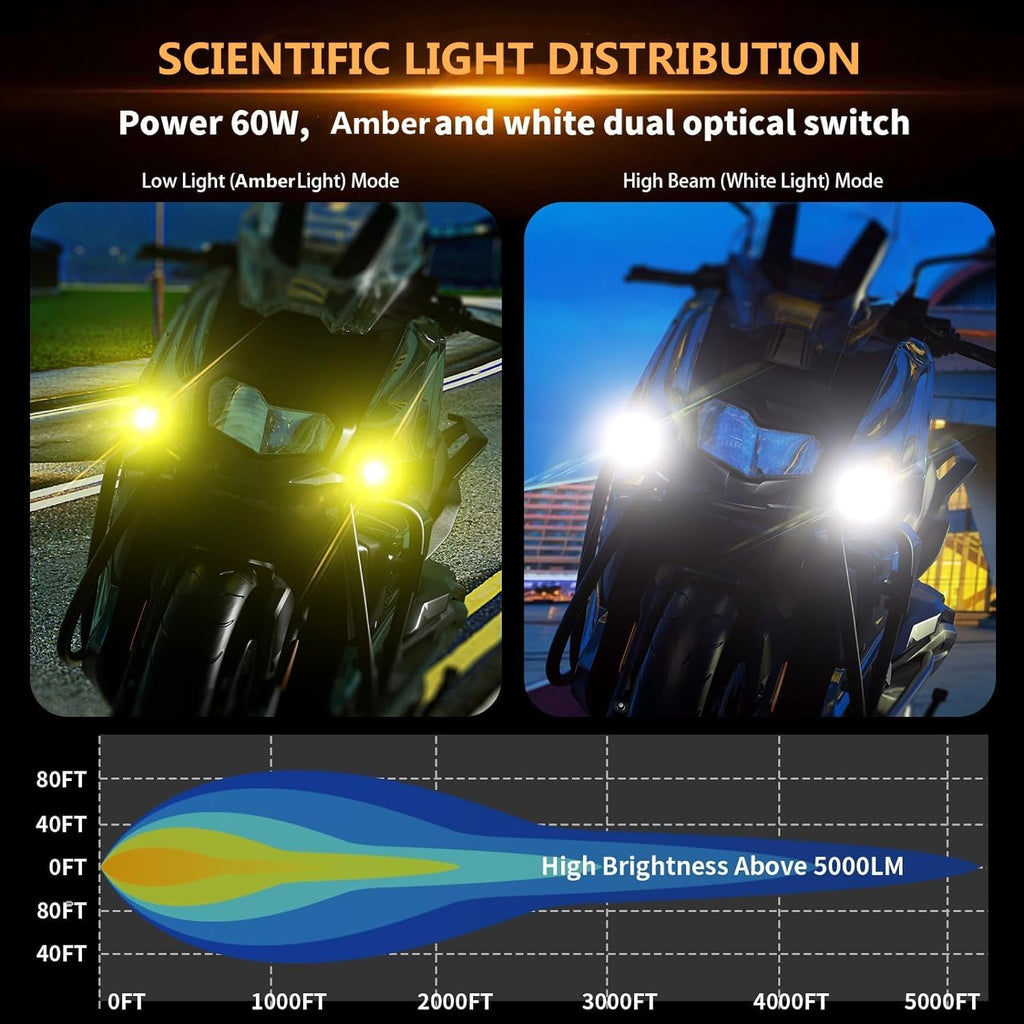Kewig Motorcycle Auxiliary LED Fog Light 60W Amber Spotlight Lights | Motorcycle Driving Light Kit with Amber Breathing DRL, Dual Color LED Light Pod Off-road Work Light for Motorcycle Jeep Truck