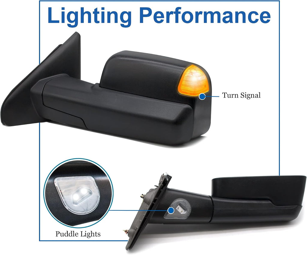 Towing Mirrors fit for 02-08 Dodge Ram 1500, 03-09 Dodge Ram 2500 3500 | Power Heated Turn Signal Puddle Light Manual Folding