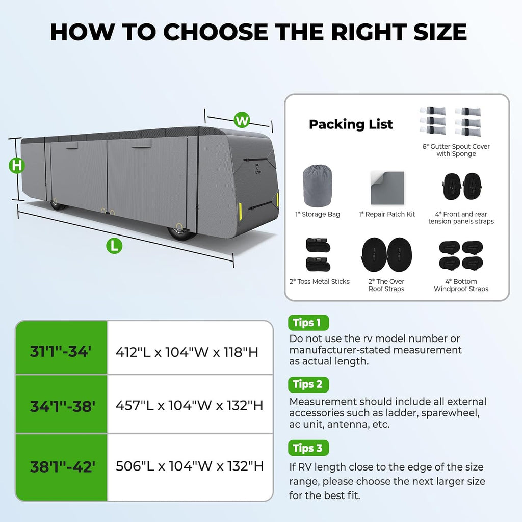 Fonzier 7 Layers Heavy Duty Class A RV Cover for 34'1"-38' Motorhome Anti-UV, Rip-Stop, Weatherproof, with 2Pcs Extra Straps