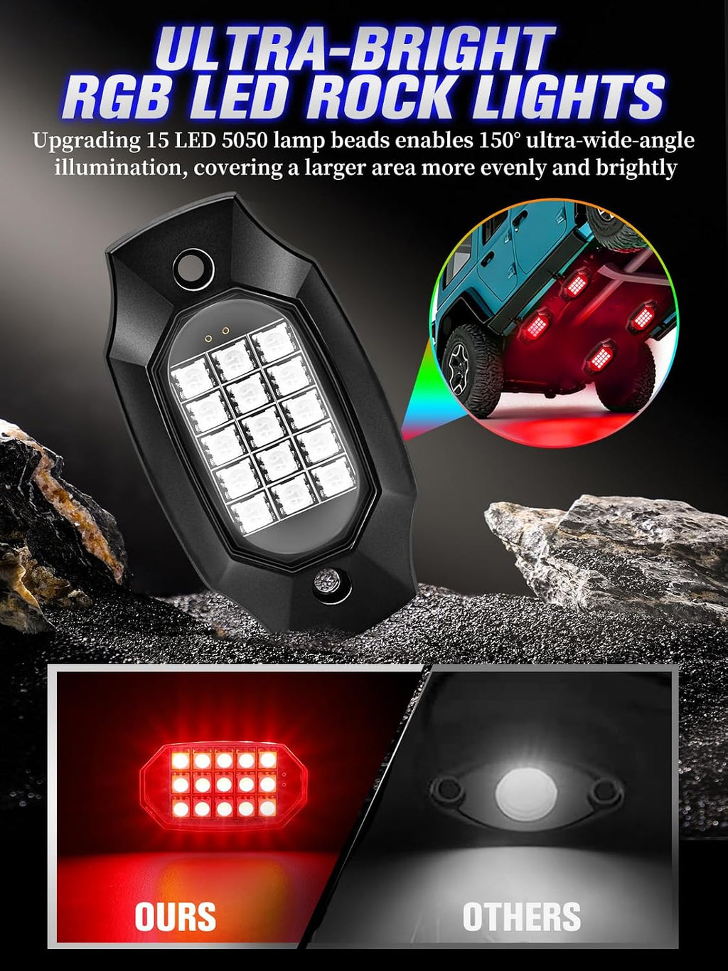 8 Pods RGB LED Rock Lights with APP/RF Remote Control High Brights Waterproof Underglow Multicolor Zone Neon Exterior Rock Lights for 12V Trucks Jeep UTV ATV RZR Offroad Pickup SUV Accessory