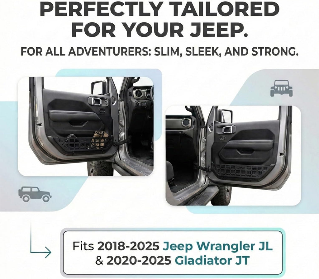 DV8 Offroad Slim Jeep Front Door Storage Pockets Compatible with 2018-2026 Jeep Wrangler JL & 2020-2026 Gladiator JT - Molle Jeep Door Pockets & Net Replacement, Slimmer Design for Improved Legroom
