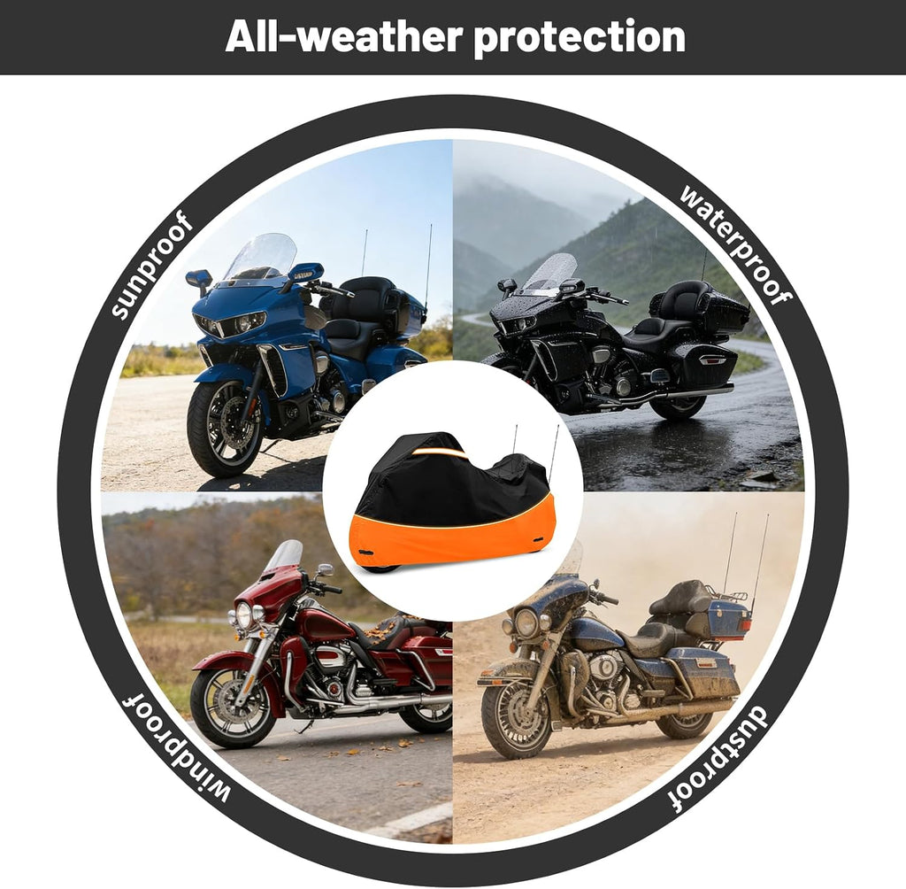 Heavy Duty 420D Oxford Motorcycle Cover | Waterproof Outdoor Touring Cover Compatible with Harley Davidson Road King,Street Glide, Road Glide, Ultra Limited, CVO,Fits Motorcycles Up to 110"