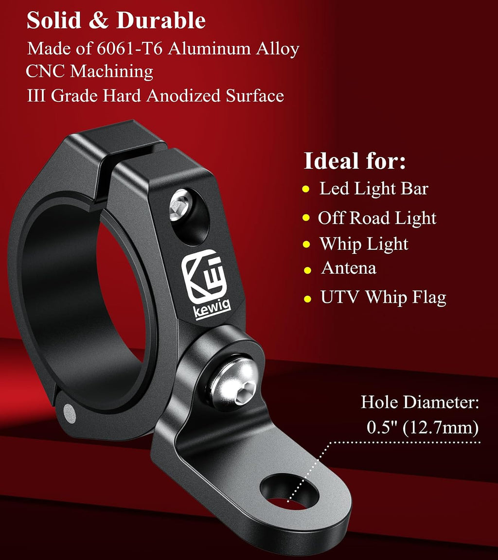 BRCOVAN 2PCS UTV Whip Light Mounts, Off-Road LED Light Bar Mounting Bracket | Solid Aluminum Alloy Materials, 360° Adjustable Whip Flag Mount Fit 1.5''/1.65'' /1.75''/1.85''/2'' Roll Cage Bars