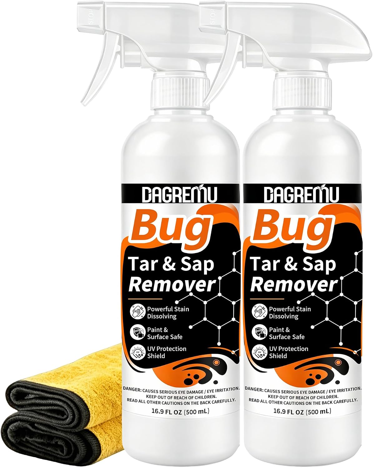 Bug, Sap & Tar Remover for Cars - Powerful Stain Dissolving Spray, UV Protection, Car Bug Remover,Tree Sap Remover,Bug Cleaner for Exterior Paint Glass Chrome,with Microfiber Towel 2 Pack-16.9 Fl Oz