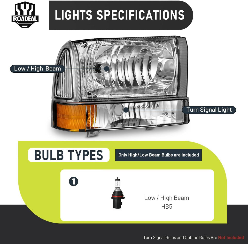 Headlight Assembly W/Bulbs for 1999-2004 Ford Super Duty F250 F350 F450 F550,00-04 Ford Excursion Headlamp Replacement with Bumper Signal Corner Light (NOT FOR SEALED BEAM MODELS) Pair Set