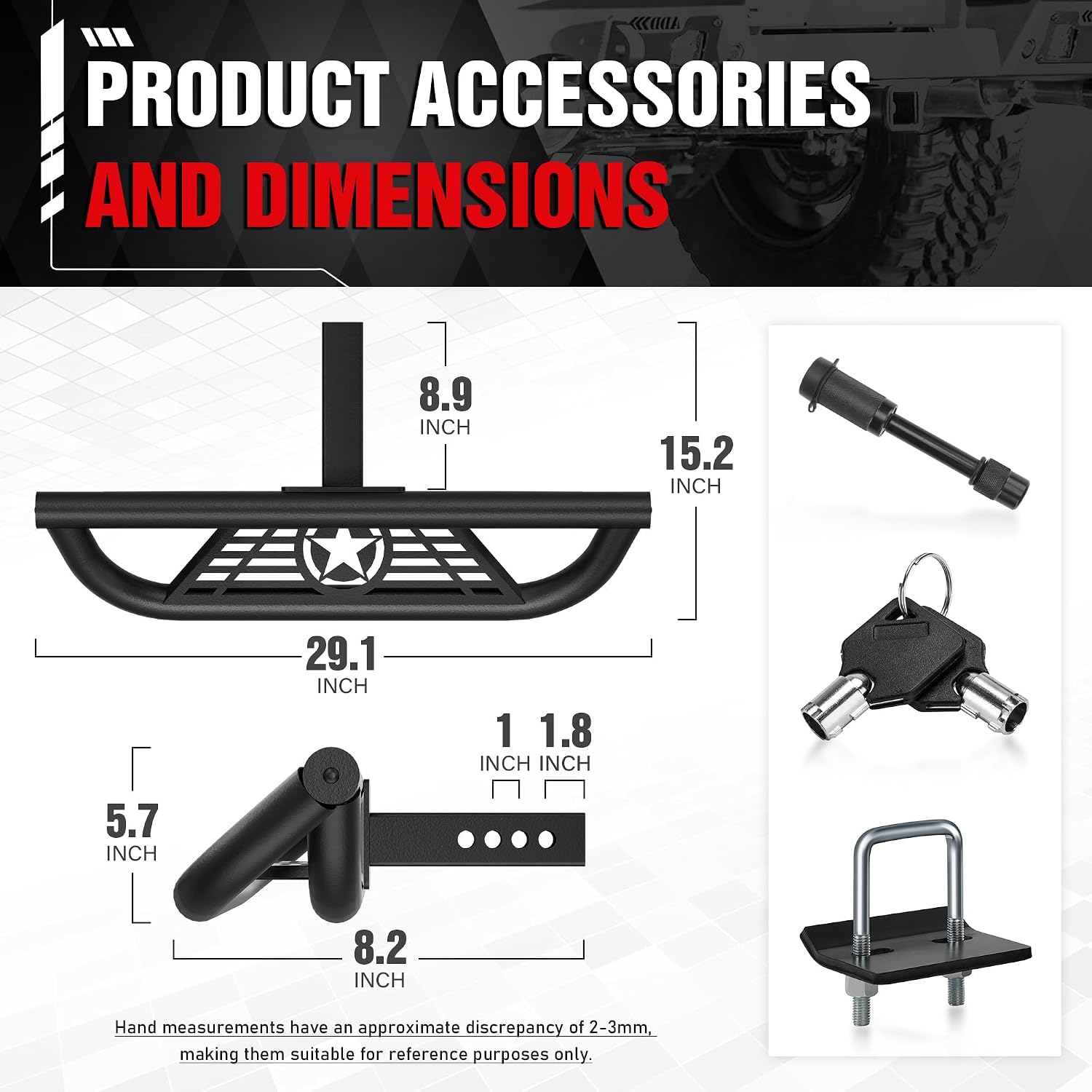 YZONA Tow Hitch Step Trailer for 2 Inch Receiver, with Pin Lock & U-Bolts Stabilize, Compatible with Pickups Trucks Vans SUVs ATVs, Towing Bumper Guard Protector Rear bar (Heavy-Duty Carbon Steel)