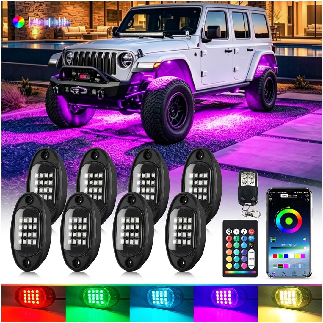 8Pods Segmented RGB LED Rock Lights Kit for Jeep Trucks UTV ATV Golf Cart RZR SXS Offroad Four Wheeler with APP/RF Remote, Multi Color Underglow Light Waterproof Music Neon Underbody 12V