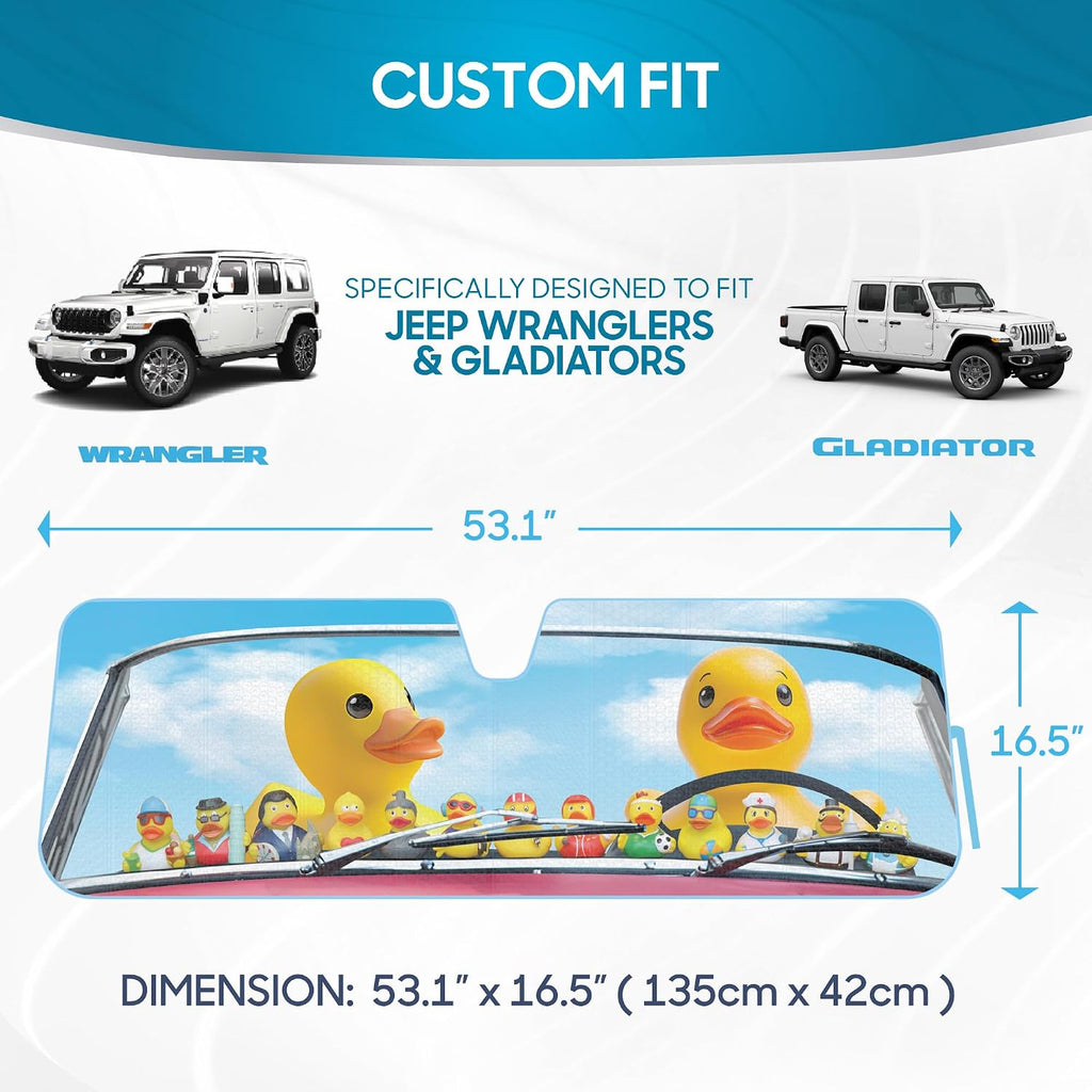 Duck Duck Jeep Sun Shade Fits 1987-2021 Jeep Wrangler JK, JL, CJ, YJ, TJ & 2020-2021 Gladiator - Custom Fit Windshield Sunshade Foldable Accordion Interior UV Protection Sun Window Visor 53” x 16.5”