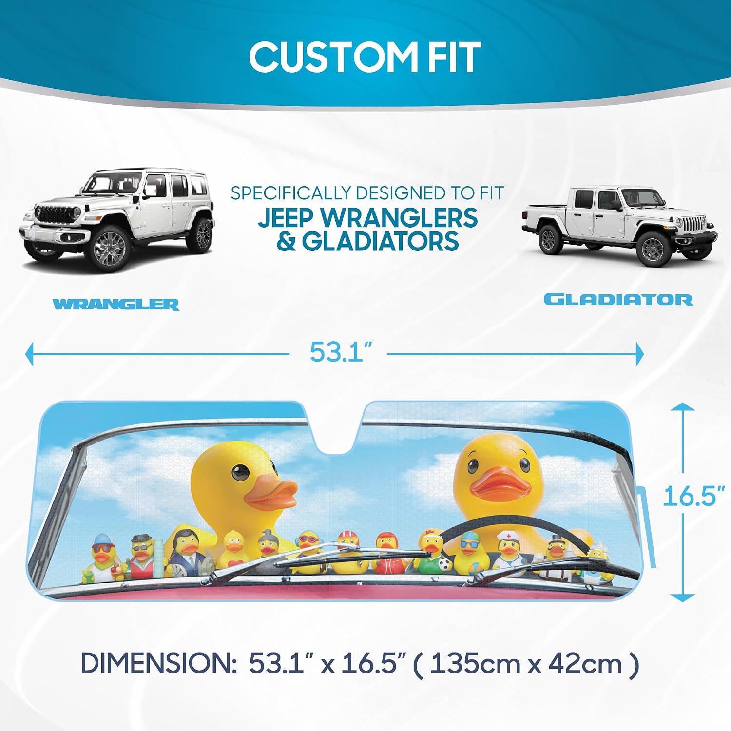 Duck Duck Jeep Sun Shade Fits 1987-2021 Jeep Wrangler JK, JL, CJ, YJ, TJ & 2020-2021 Gladiator - Custom Fit Windshield Sunshade Foldable Accordion Interior UV Protection Sun Window Visor 53” x 16.5”