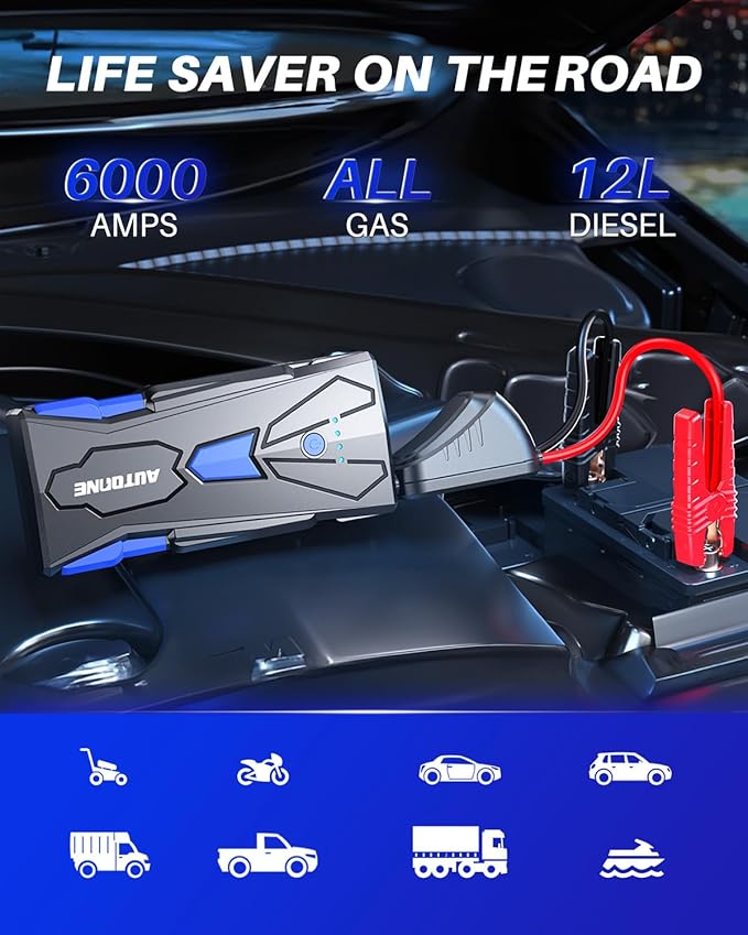 AUTOONE 6000A Car Battery Jump Starter Up to All Gas & 12L Diesel Engine - Image 2