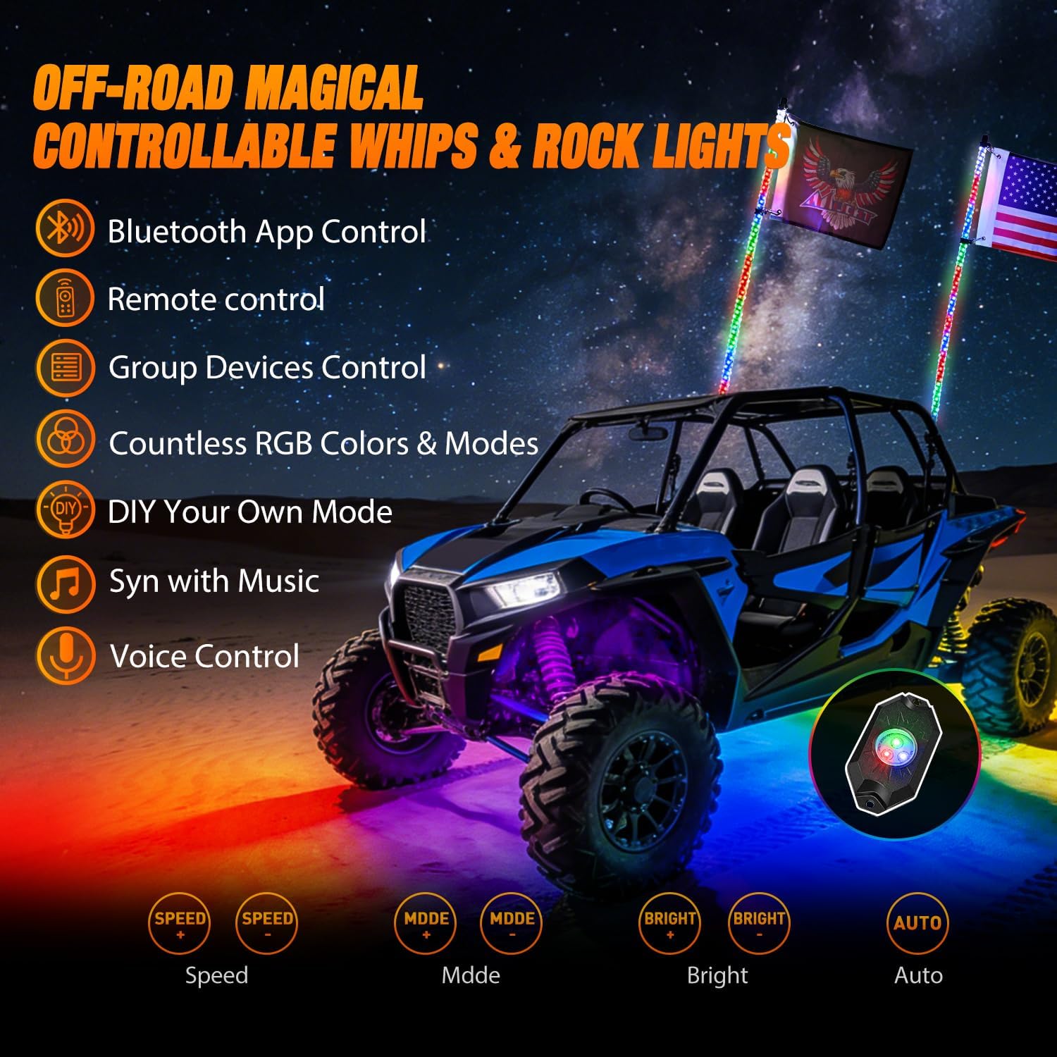 Nilight 2PCS 3FT RGB LED Whip Light with Spring Base and 8 PCS Rock Lights Combo, Remote App Control w/DIY Chasing Patterns Turn Signal Brake Reverse Antenna Lighted Whips for ATV UTV Polaris RZR Jeep